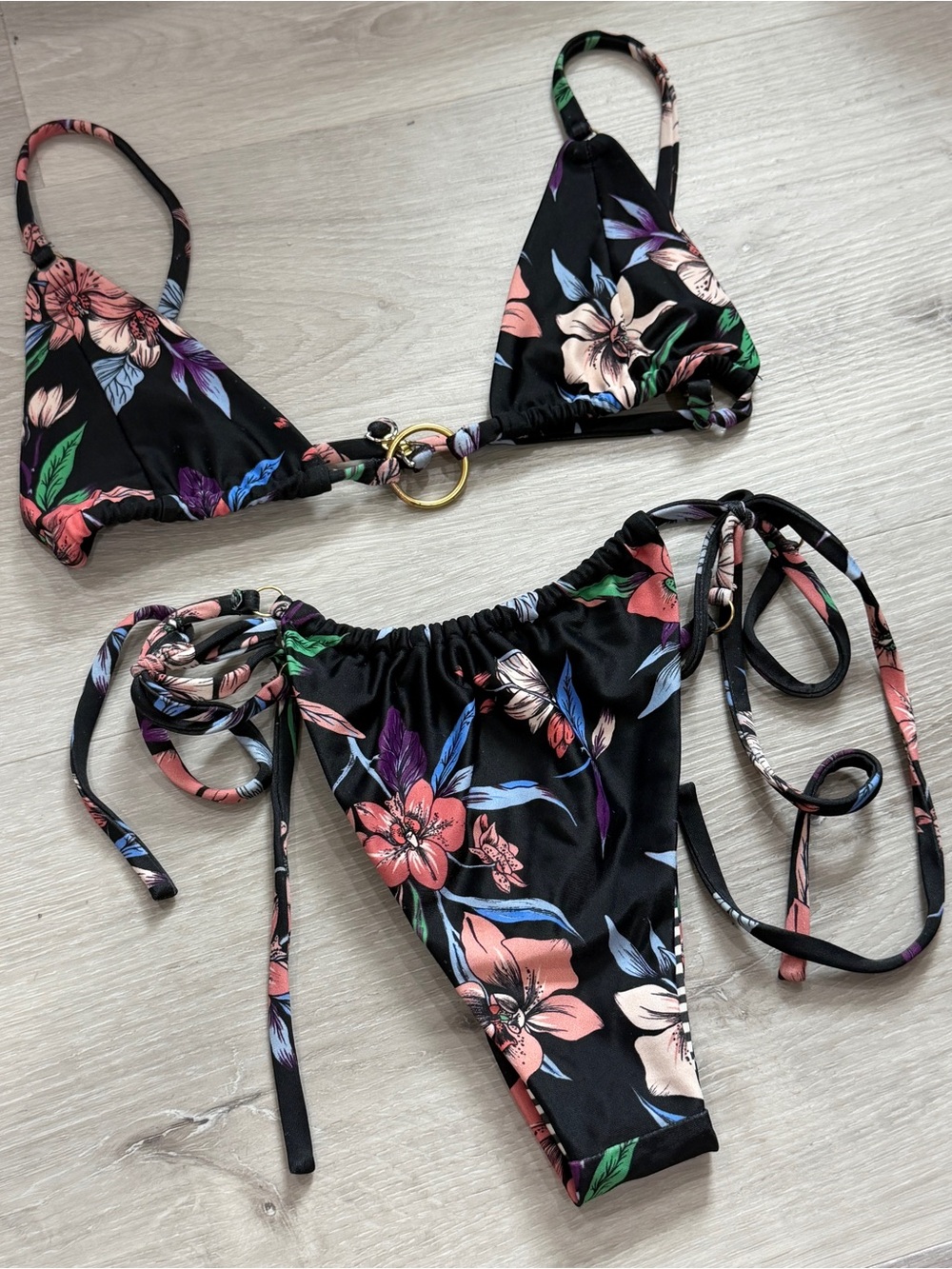 ROVE Black Floral Tie-Side Bikini Set with Gold Ring